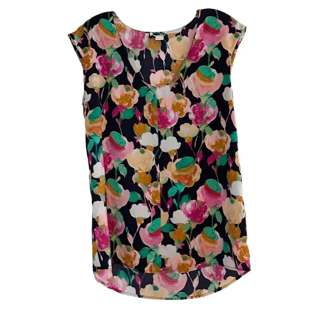 J Crew Floral Poppy E0592 Sleeveless Cap Sleeve Shirt tail Blouse Top Size 0